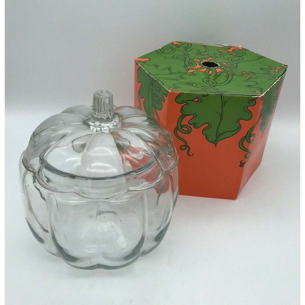 Vintage Clear Glass Halloween Pumpkin Candy Cookie Jar with  Original Box Fall